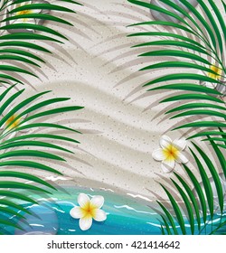 Summer tropical green palm leaves on the beach background.