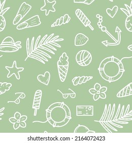 Ilustración vectorial de patrón veraniego sin costura. Antecedentes con vacaciones y artículos de viaje. Impresión para embalaje, textil, papel y diseño. Decoración de modelo con palmeras, conchas, deportes 