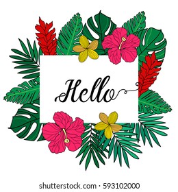 Summer tropical greeting card or invitation vector template with exotic flowers and palm leafs. Illustration text place