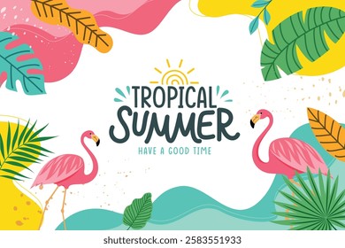 Summer tropical greeting clipart background. Tropical summer text with leaves and flamingo clip art elements in colorful abstract template vector illustration. 