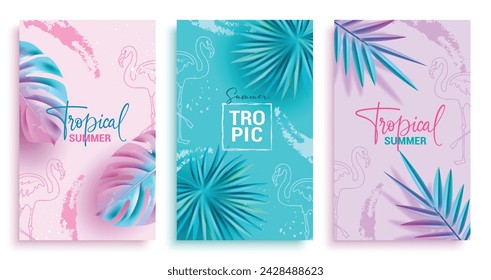 Summer tropical greeting vector poster set. Summertime tropical text with monstera, palm leaves and doodle flamingo elements in elegant seasonal flyers collection design. Vector illustration tropical 