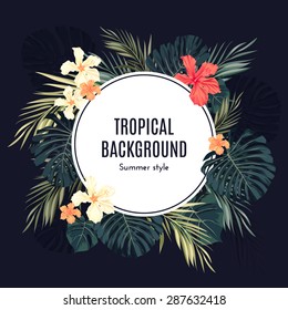 Summer Tropical Hawaiian Background Or Flyer With Jungle Palm Tree Leaves And Exotic Flowers, Space For Text, Vector Illustration.