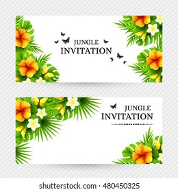 Summer tropical hawaiian background with jungle palm tree leaves, exotic flowers and yellow butterflies. Horizontal vector  invitation banners with hibiscus floral decorations and copy space
