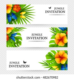 Summer tropical hawaiian background with jungle palm tree leaves, exotic flowers and rainbow butterflies. Horizontal vector  invitation banners with hibiscus floral decorations and copy space