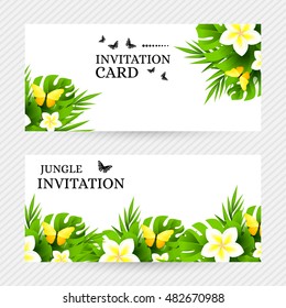 Summer tropical hawaiian background with jungle palm tree leaves, exotic flowers and yellow butterflies. Horizontal vector  invitation banners with floral decorations and copy space