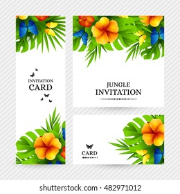 Summer tropical hawaiian background with jungle palm tree leaves, exotic hibiscus flowers and rainbow butterflies.