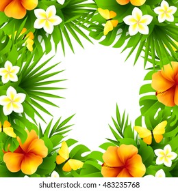Summer tropical hawaiian background with jungle palm tree leaves, exotic flowers and butterflies.