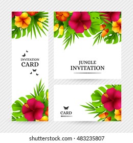 Summer tropical hawaiian background with jungle palm tree leaves, exotic hibiscus flowers and butterflies.