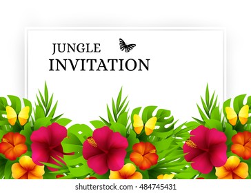 Summer tropical hawaiian background with jungle palm tree leaves, exotic flowers and butterflies. Horizontal vector  invitation banners with hibiscus floral decorations and copy space