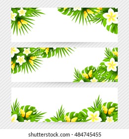Summer tropical hawaiian background with jungle palm tree leaves, exotic flowers and yellow butterflies. Horizontal vector  invitation banners with floral decorations and copy space