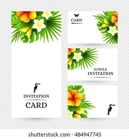 Summer tropical hawaiian background with jungle palm tree leaves, exotic hibiscus flowers and yellow butterflies.