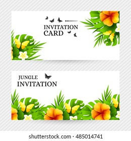 Summer tropical hawaiian background with jungle palm tree leaves, exotic flowers and yellow butterflies. Horizontal vector  invitation banners with hibiscus floral decorations and copy space