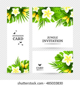 Summer tropical hawaiian background with jungle palm tree leaves, exotic flowers and yellow butterflies.