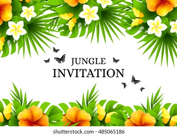 Summer tropical hawaiian background with jungle palm tree leaves, exotic flowers and yellow butterflies. Horizontal vector  invitation banners with hibiscus decorations and copy space