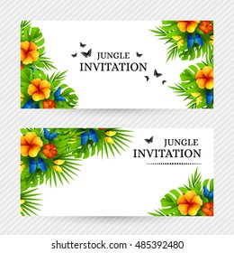 Summer tropical hawaiian background with jungle palm tree leaves, exotic flowers and rainbow butterflies. Horizontal vector  invitation banners with hibiscus floral decorations and copy space