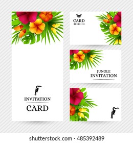 Summer tropical hawaiian background with jungle palm tree leaves, exotic hibiscus flowers and butterflies.