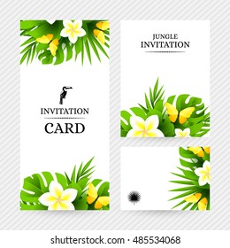 Summer tropical hawaiian background with jungle palm tree leaves, exotic flowers and yellow butterflies.