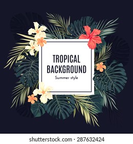 Summer tropical hawaiian background with palm tree leaves and exotic flowers, space for text, vector illustration.