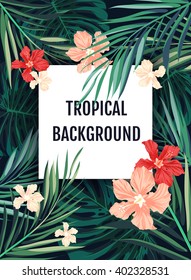 Summer tropical hawaiian background with palm tree leavs and exotic flowers