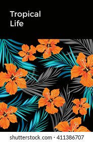 Summer tropical hawaiian background with palm tree leaves and exotic flowers