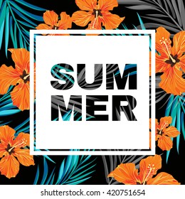 Summer tropical hawaiian background with palm tree leaves and exotic flowers