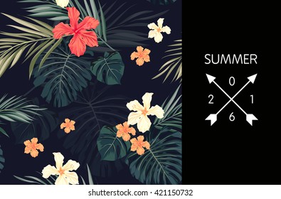 Summer tropical hawaiian background with palm tree leaves and exotic flowers