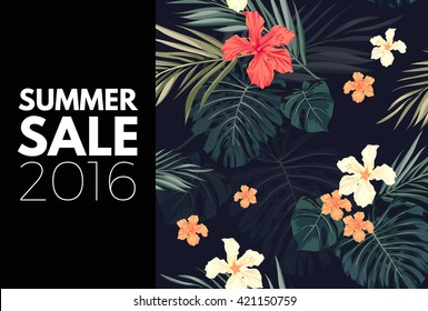 Summer tropical hawaiian background with palm tree leaves and exotic flowers