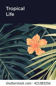 Summer tropical hawaiian background with palm tree leaves and exotic flowers