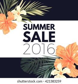 Summer tropical hawaiian background with palm tree leaves and exotic flowers