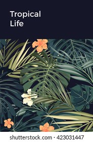 Summer tropical hawaiian background with palm tree leaves and exotic flowers