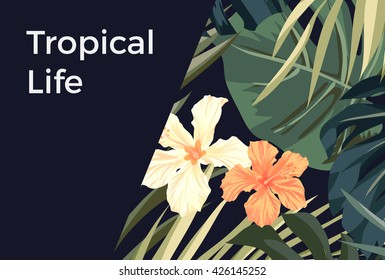 Summer tropical hawaiian background with palm tree leaves and exotic flowers