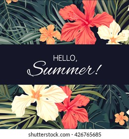 Summer tropical hawaiian background with palm tree leaves and exotic flowers