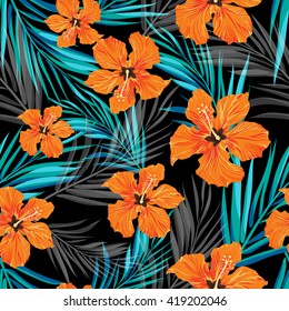 Summer tropical hawaiian sale background with palm tree leaves and exotic flowers, space for text, vector illustration.