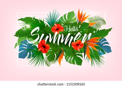 Summer tropical holiday background with exotic palm leaves and flowers. Vector