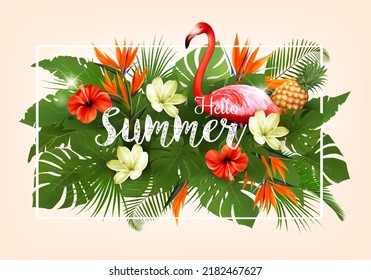 Summer tropical holiday background with exotic palm leaves, colorful tropic flowers and a pink flamingo. Vector