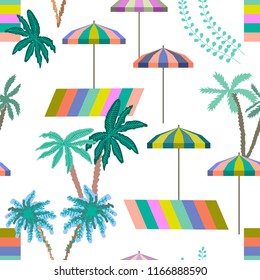 Summer tropical holiday. Seamless vector pattern with palms, umbrellas and beach towels. On light background.