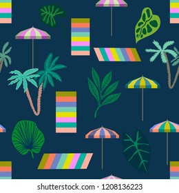 Summer tropical holiday. Seamless vector pattern with tropical leaves, palms, umbrellas and beach towels. On indigo background.