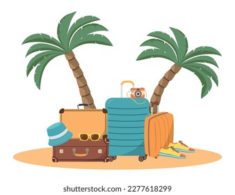 Summer tropical holidays background on the beach with travel accessories. Vector illustration. Beautiful summer on the tropical coast. Palm trees, luggage, and others. Isolated on white background
