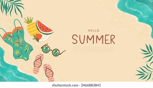 Summer tropical horizontal background. Vector doodle illustration of swimsuit, beach flip flops, fruit plate, sunglasses on sand, sea and tropical leaves. Flat design for web sites, presentation