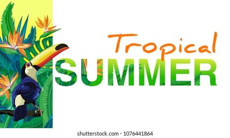 Summer tropical horizontal backgrounds with tropical palm leaves, plants and with toucan.  Negative space trend.  Summer placard,  poster, flyer, banner invitation card. Summer tropical.