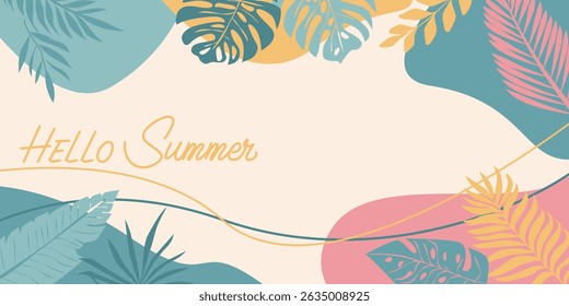 Summer tropical illustration. Colorful tropical plant decoration background. Summer and Vacation decorative illustration. Vector illustration.