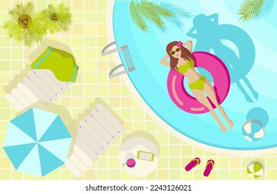 Summer tropical illustrations with a girl in a swimming pool rectangular shape vector