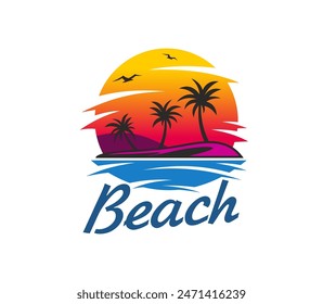 Summer tropical island beach, palm trees and seagulls in sunrise or sunset, vector emblem. Paradise island badge with sea or ocean waves, palms and flying seagulls silhouette in seascape mountains