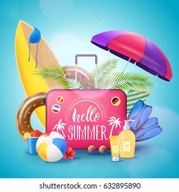 Summer tropical island beach resort vacation advertisement background poster with surfboard luggage suncream and bikini vector illustration 