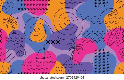 Summer tropical island doodle vector seamless pattern