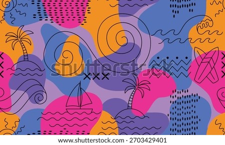 Summer tropical island doodle vector seamless pattern