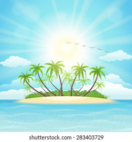 Summer tropical island with palms, sky and sun