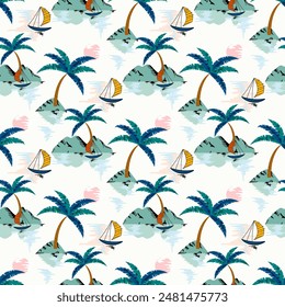 Summer tropical island seamless pattern. Vacation background design with landscape, palm trees, mountain, ocean and sailboat