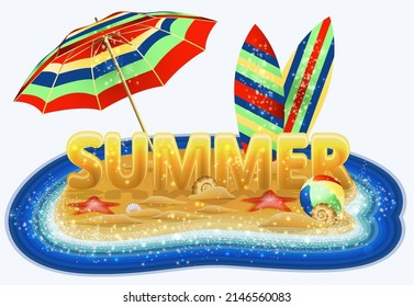 Summer tropical island with surfboards on the beach , vector illustration