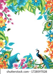 Summer tropical isolated frame decoration with peacock, palm leaves and hibiscus flowers. Vector floral background.